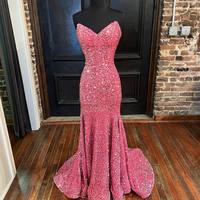 Gorgeous Mermaid V Neck Coral Sequins Long Prom Dresses - Thumbnail 1