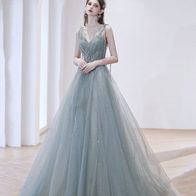 Cute v-neck tulle long prom dress evening dress - Thumbnail 1