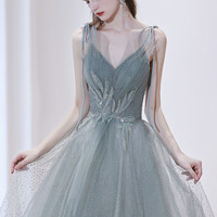 Cute V-neck tulle long prom dress evening dress - Thumbnail 2