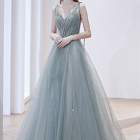 Cute V-neck tulle long prom dress evening dress - Thumbnail 3