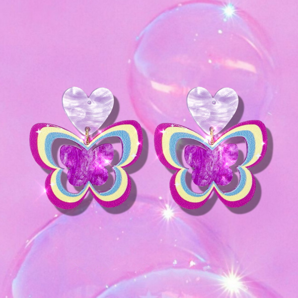 Rainbow Butterfly Heart Dangle Earrings