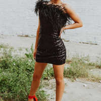 Sparkly One Shoulder Bodycon Feather Mini Homecoming Dresses - Thumbnail 2