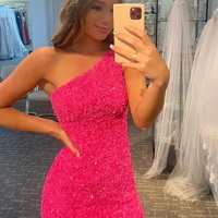 Cute One Shoulder Hot Pink Sequins Short Homecoming Dresses - Thumbnail 1