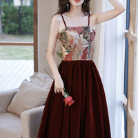 Burgundy Printed Short Prom Dress Homecoming Dress - Thumbnail 1