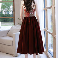 Burgundy Printed Short Prom Dress Homecoming Dress - Thumbnail 4
