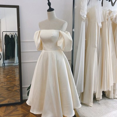 Champagne satin short prom dress homecoming dress - Thumbnail 1