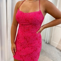 Hot Pink Short Homecoming Dresses with Lace Beaded - Thumbnail 1