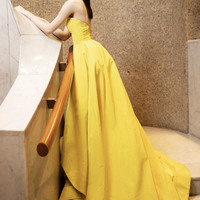 Yellow Shoulderless High Low Prom Dress Evening Dress - Thumbnail 1