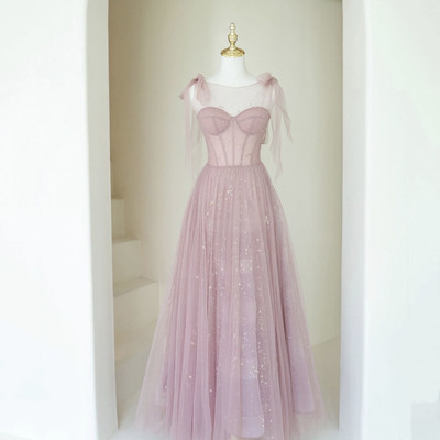 Pink tulle long prom dress a-line evening dress - Thumbnail 1