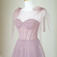 Pink tulle long prom dress A-line evening dress - Thumbnail 1