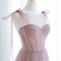 Pink tulle long prom dress A-line evening dress - Thumbnail 2