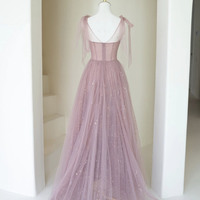 Pink tulle long prom dress A-line evening dress - Thumbnail 3