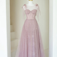 Pink tulle long prom dress A-line evening dress - Thumbnail 4