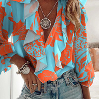 Long-Sleeve Women's Print Ruffled Shirt Top - Thumbnail 1