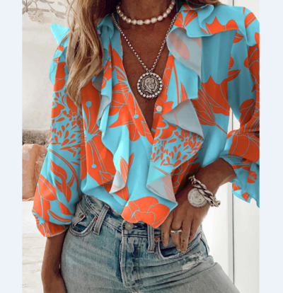 Long-Sleeve Women's Print Ruffled Shirt Top
