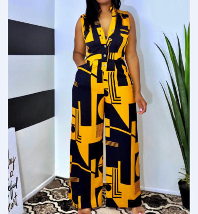 Fashion Sleeveless Button Graphic Print Jumpsuit