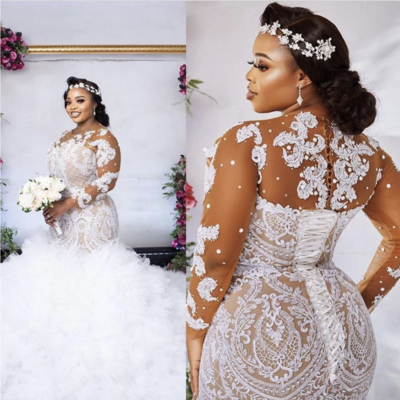 Plus size wedding dresses bridal gown with full sleeves lace wd6 - Thumbnail 1