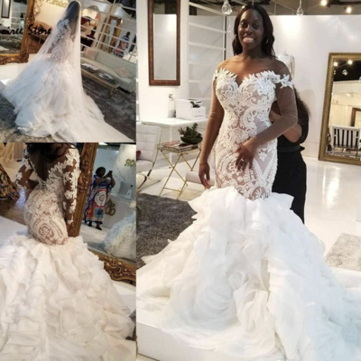 Sheer neck wedding dresses bridal gown with 3/4 sleeves appliques - Thumbnail 4