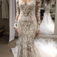 V Neck Wedding Dresses Bridal Gown Mermaid with Sleeves WD23 - Thumbnail 1