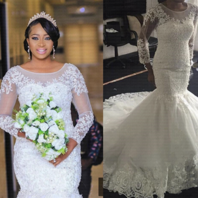 Sheer neck wedding dresses bridal gown mermaid with sleeves wd25 - Thumbnail 1