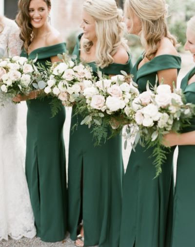 Off Shoulder Green Bridesmaid Dresses Slit Side