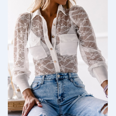 White sexy lace long sleeve solid color shirt