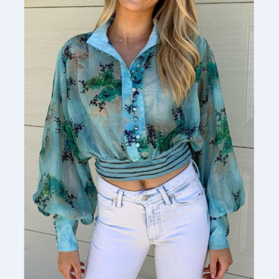 Sexy blue printed long sleeve shirt