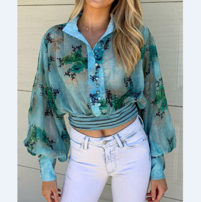 Sexy Blue Printed Long Sleeve Shirt