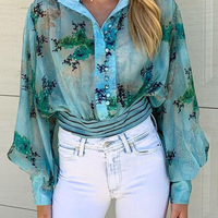 Sexy Blue Printed Long Sleeve Shirt - Thumbnail 2