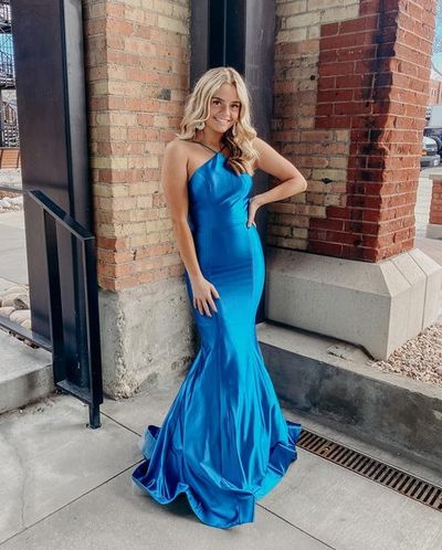 Sexy Mermaid Halter Open Back Straps Royal Blue Long Prom Dresses