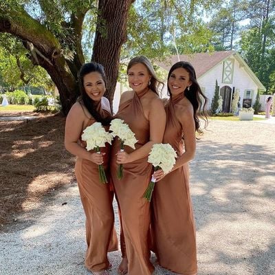 Elegant sheath halter dark champagen long bridesmiad dresses