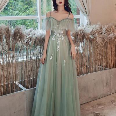 Off shoulder a-line tulle mint green and champagne long formal dress - Thumbnail 4
