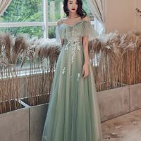 Off Shoulder A-line Tulle Mint Green and Champagne Long Formal Dress - Thumbnail 1