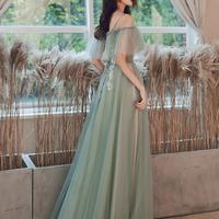 Off Shoulder A-line Tulle Mint Green and Champagne Long Formal Dress - Thumbnail 2