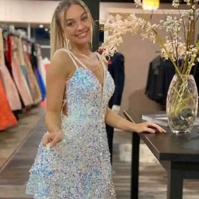 Sparkle a-line v neck white sequin short homecoming dress