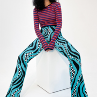 High Waist Checker Wave Color Block Straight Leg Trousers Pants - Thumbnail 3