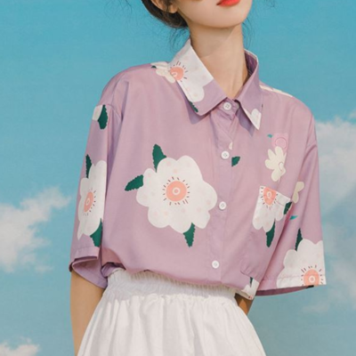 Pastel color flower floral short sleeve shirt