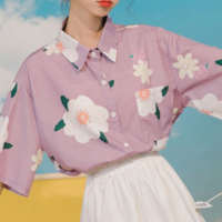 Pastel Color Flower Floral Short Sleeve Shirt - Thumbnail 1
