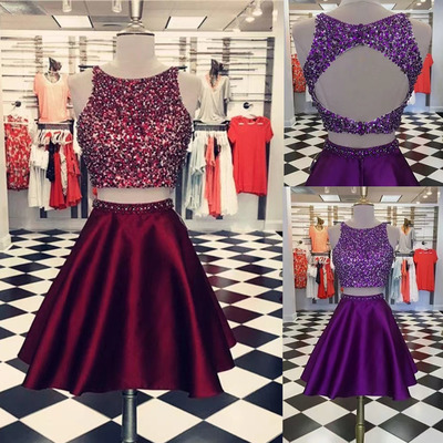 Burgundy two piece homecoming dresses open back with sparkly beads - Thumbnail 3