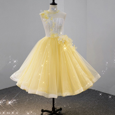 Yellow tulle lace short prom dress homecoming dress - Thumbnail 1
