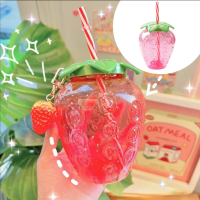 Cute strawberry straw cup milk tea cup portable water cup water bottle - Thumbnail 2