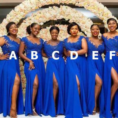 A line royal blue split long bridesmaid dresses with lace appliques - Thumbnail 2