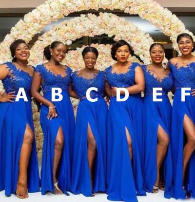 A Line Royal Blue Split Long Bridesmaid Dresses with Lace Appliques