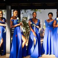 A Line Royal Blue Split Long Bridesmaid Dresses with Lace Appliques - Thumbnail 2