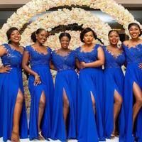 A Line Royal Blue Split Long Bridesmaid Dresses with Lace Appliques - Thumbnail 1