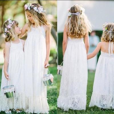 Cute halter boho chiffon flower girl dresses with lace