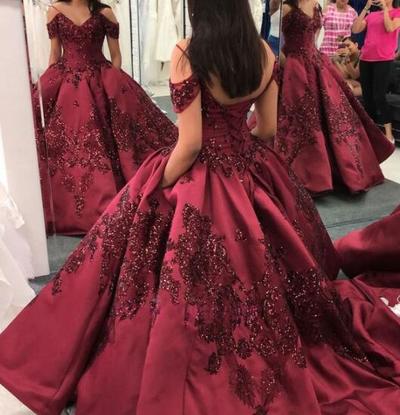 Vintage Off the Shoulder Burgundy Stain Prom Dresses 