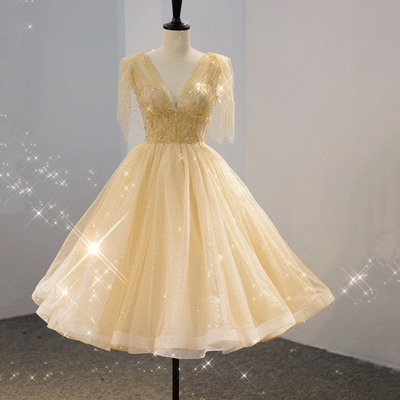 Yellow v-neck short prom dress homecoming dress - Thumbnail 1