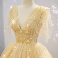Yellow V-neck short prom dress homecoming dress - Thumbnail 1