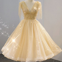 Yellow V-neck short prom dress homecoming dress - Thumbnail 2